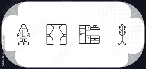 outline icons set - furniture & household concept. desk chair, curtain, cabinets, coat stand.