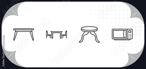 outline icons set - furniture & household concept. table, dining room, side table, microwave.