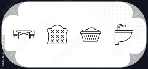 outline icons set - furniture & household concept. kitchen table, headboard, laundry hamper, bidet.