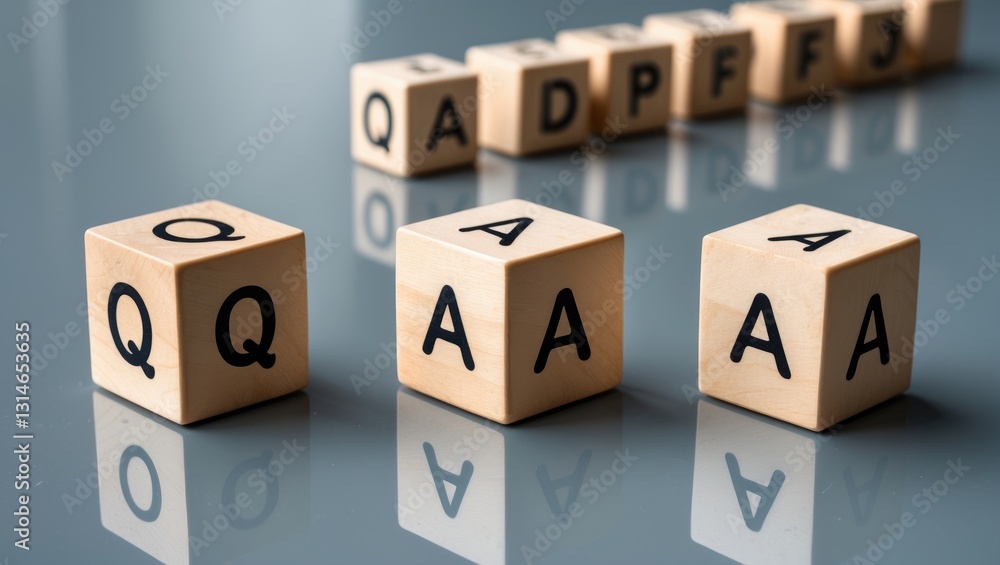 Three wooden cubes displaying letters on the bright surface of a gray table, with the inscription on the cubes reflected from the table's surface. Three wooden cubes displaying letters on the bright surface of a gray table, with the inscription on the cubes reflected from the table's surface.