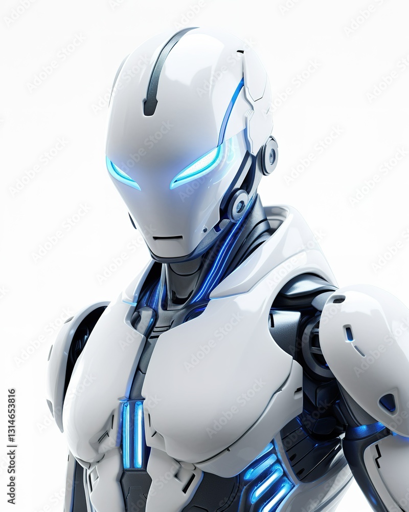 Futuristic white robot with glowing blue eyes and details looking forward. Ai generative Futuristic white robot with glowing blue eyes and details looking forward. Ai generative