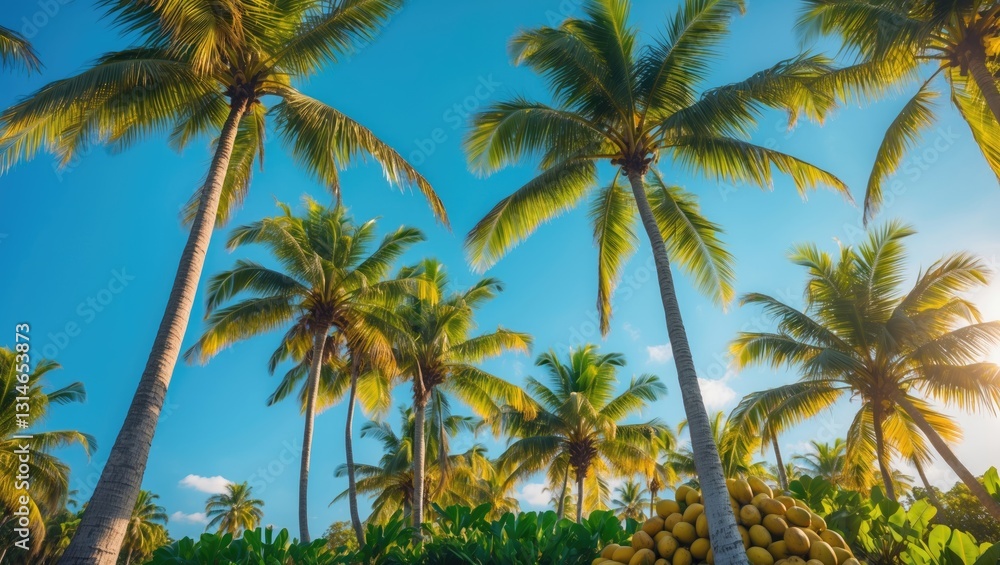 Coconut palm trees with vibrant greenery set against a clear blue sky reflect tropical serenity and natural beauty. Coconut palm trees with vibrant greenery set against a clear blue sky reflect tropical serenity and natural beauty.