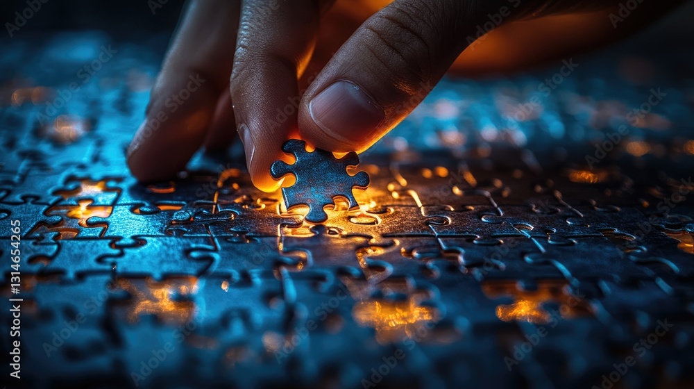 A close-up of a hand placing a puzzle piece into a partially completed puzzle, illuminated by a soft blue light. A close-up of a hand placing a puzzle piece into a partially completed puzzle, illuminated by a soft blue light.