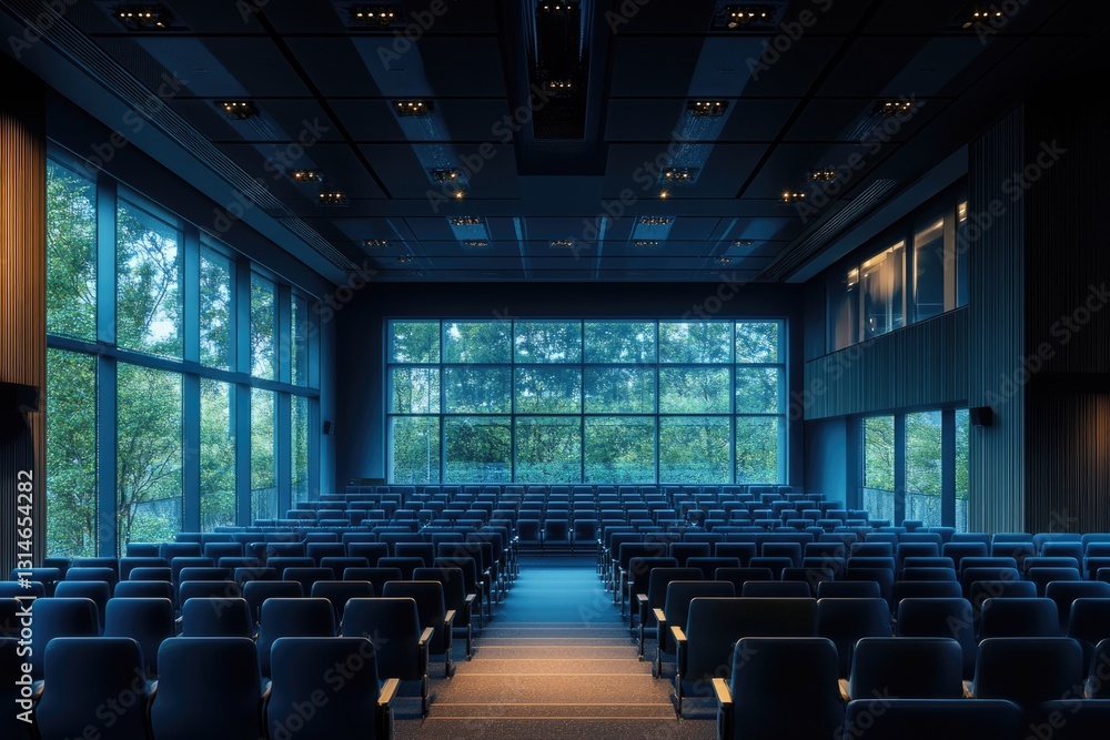 Modern Auditorium Interior with Large Windows and Rows of Empty Blue Chairs Modern Auditorium Interior with Large Windows and Rows of Empty Blue Chairs