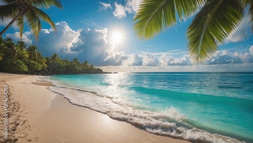 Wallpaper Mural Tropical island paradise beach featuring green coconut palm tree leaves, sand, and turquoise blue sea water, with a bright sun and white clouds in the sky, depicting a beautiful landscape perfect f... Torontodigital.ca