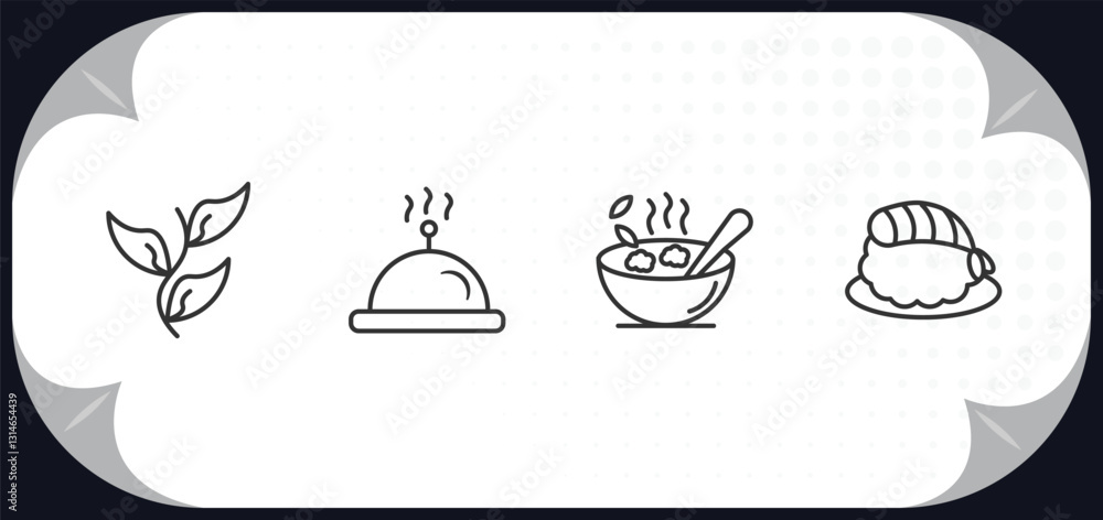 outline icons set - food concept. herb, hotel service, bowl of food, sushi prawn. outline icons set - food concept. herb, hotel service, bowl of food, sushi prawn.