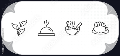 outline icons set - food concept. herb, hotel service, bowl of food, sushi prawn.