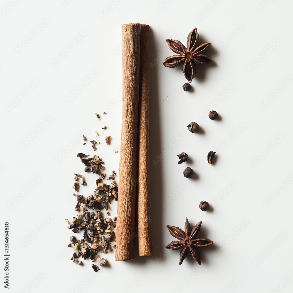 Minimalist Spice Still Life: Cinnamon Sticks, Star Anise, and Assorted Herbs on White Minimalist Spice Still Life: Cinnamon Sticks, Star Anise, and Assorted Herbs on White