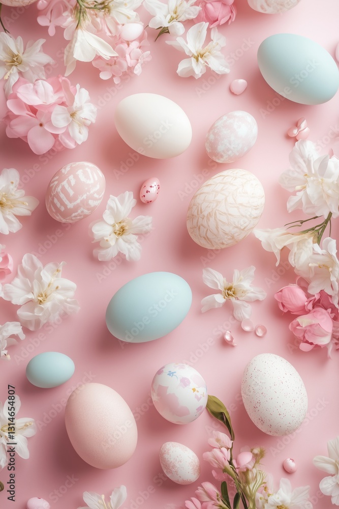 Fototapeta premium Decorative Easter Eggs on Pink Floral Background