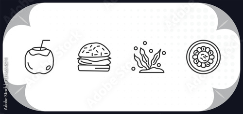 outline icons set - food concept. drink in a coconut, burguer, sea life, fuqi feipian.