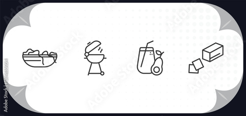 outline icons set - food concept. worms, grill, healthy shakes, butter.