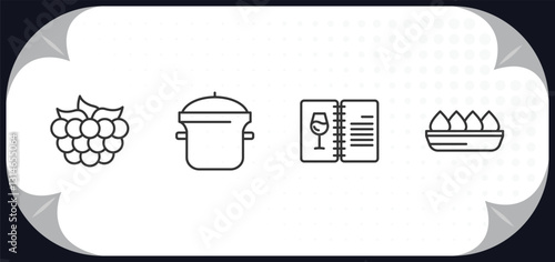 outline icons set - food concept. raspberry leaf, kitchen pot, drinks menu, fried tofu curd balls.
