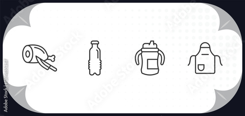 outline icons set - food concept. butcher, water container, sippy cup, kitchen pack.