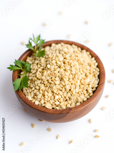 Ajwain carom seeds in a wooden bowl on a white background showcasing natural spices and culinary ingredients for healthy cooking. photo