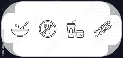 outline icons set - food concept. stew, no eating, junk food, kebab.