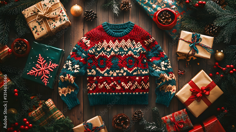custom made wallpaper toronto digitalFlat lay of colorful National Ugly Christmas Sweater Day decorations