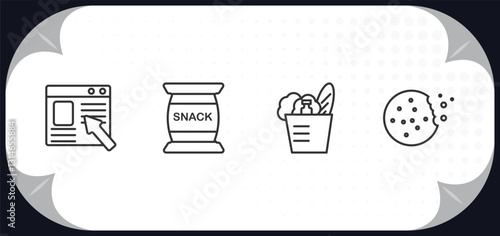 outline icons set - fast food concept. ordering, snack, groceries, biscuit.