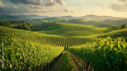 Lush green vineyards stretch across rolling hills under a golden sky, creating a picturesque landscape perfect for wine production.