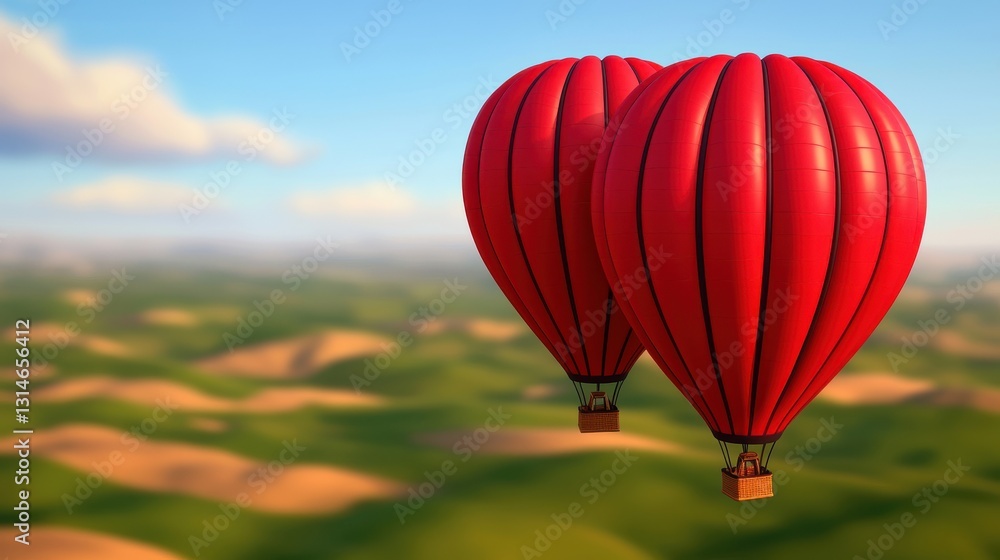 Fototapeta premium Two Red Hot Air Balloons Over Rolling Green Hills