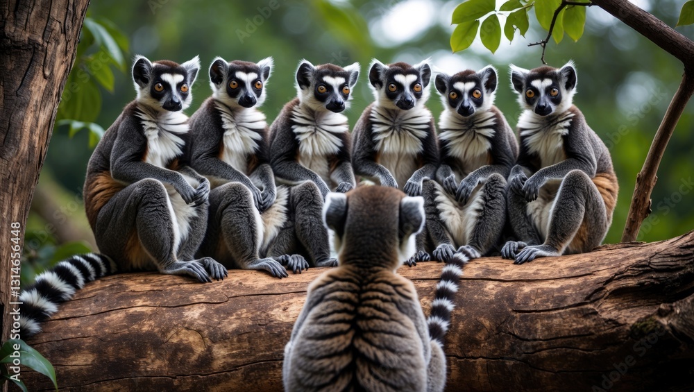 Fototapeta premium Group of ring-tailed lemurs embracing and sitting on a tree trunk, with one lemur in the foreground appearing to take a group photo of them.