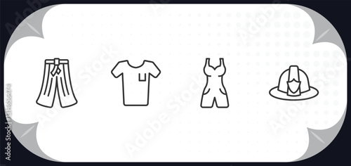 outline icons set - fashion concept. hakama, white t shirt, , firefighter hat.