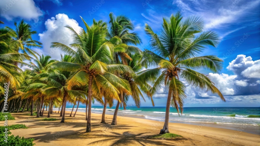 Lush Green Palm Trees Swaying Gently Along Serene Beach Shoreline Lush Green Palm Trees Swaying Gently Along Serene Beach Shoreline