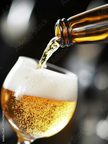 Wallpaper Mural Pouring Golden Beer into Glass with Frothy Foam from Tilted Bottle on Dark Background, Low Angle Shot Torontodigital.ca