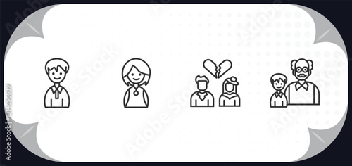 outline icons set - family relations concept. nephew, niece, ex-husband, granddaughter.