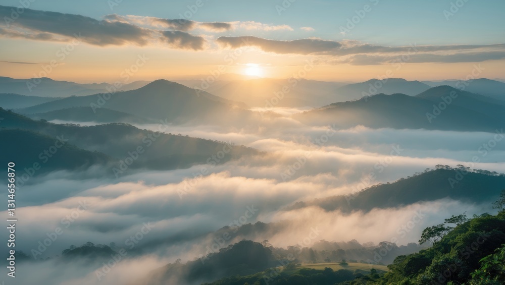 Obraz premium Capture the beauty of a serene sunrise over misty mountains, where gentle, golden sunlight softly illuminates the valleys below. This image reflects the tranquility of nature and the breath.