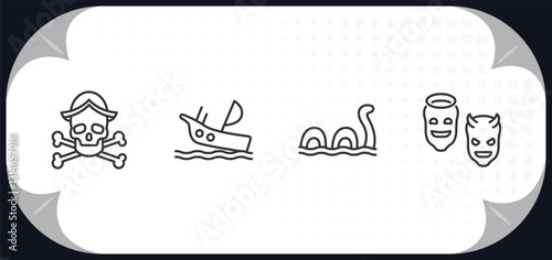 outline icons set - fairy tale concept. caribbean, shipwreck, loch ness monster, antagonist.
