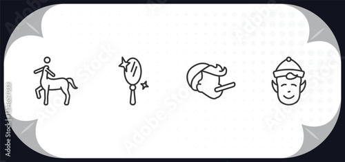 outline icons set - fairy tale collection. concept. centaur, enchanted mirror, pinocchio, elf.