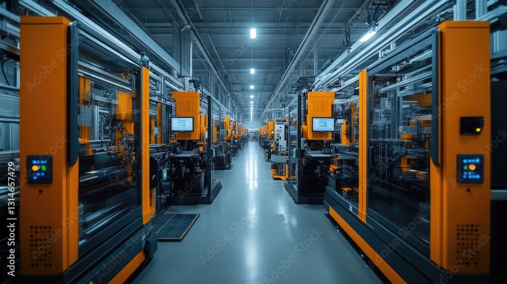 Modern Factory Interior with Orange and Black Automated Machinery Modern Factory Interior with Orange and Black Automated Machinery