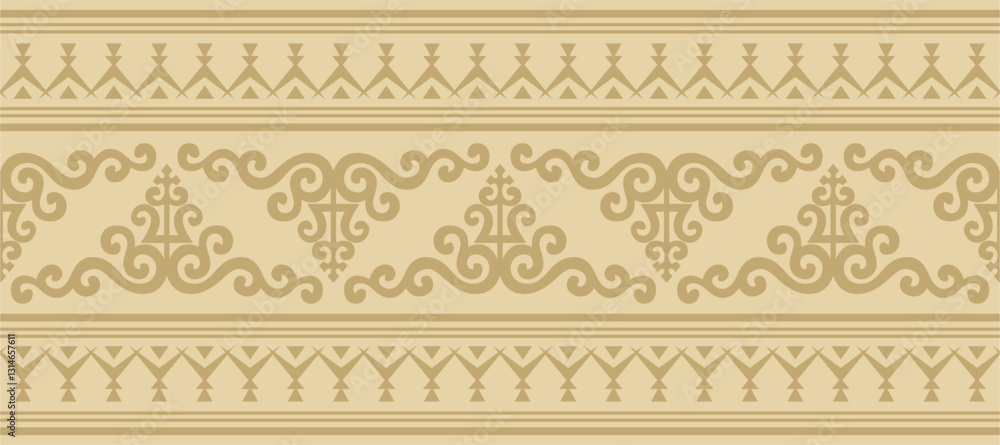 Vector golden seamless Yakut ornament. Endless border, frame of the northern peoples of the Far East. Vector golden seamless Yakut ornament. Endless border, frame of the northern peoples of the Far East.