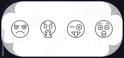 outline icons set - emoji concept. pouting emoji, vomit emoji, tongue hushed