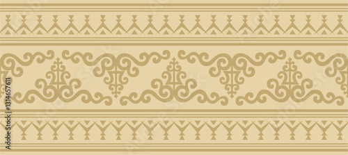 Vector golden seamless Yakut ornament. Endless border, frame of the northern peoples of the Far East.