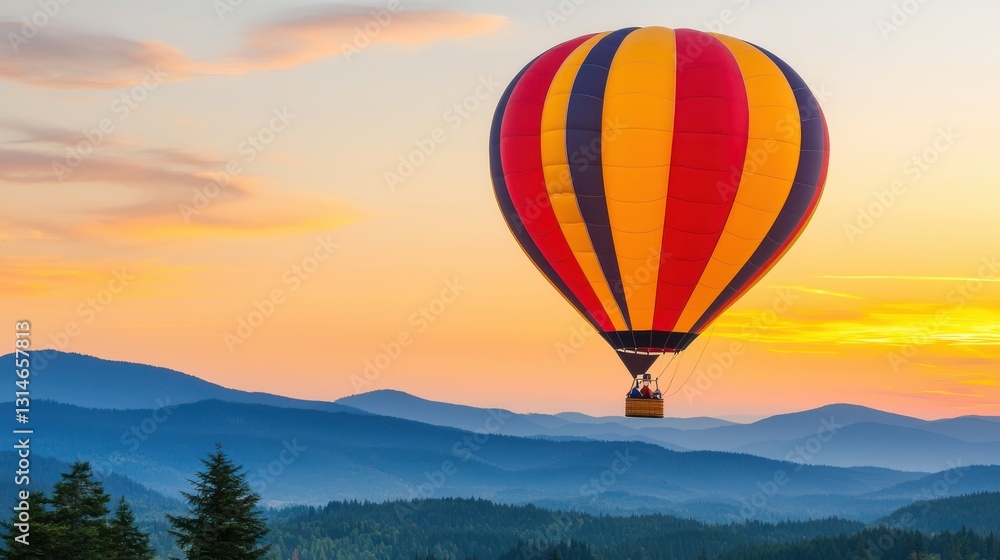 Hot Air Balloon Soaring Over Misty Mountains at Sunrise Hot Air Balloon Soaring Over Misty Mountains at Sunrise
