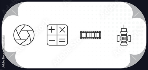outline icons set - electronic stuff fill concept. aperture, calculating, film strip, reflector.