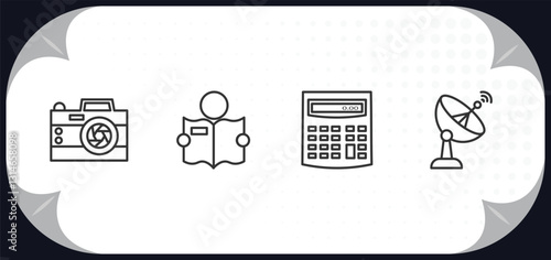 outline icons set - electronic devices concept. photo camera, book reader, calculator, satellite dish.