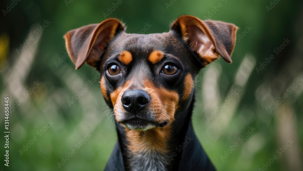 Sable brown miniature pinscher portrait during summer with green backdrop. Miniature pinscher appears attentive to the owner in an outdoor setting. Clever and adorable pincher featuring large, amus... Sable brown miniature pinscher portrait during summer with green backdrop. Miniature pinscher appears attentive to the owner in an outdoor setting. Clever and adorable pincher featuring large, amus...