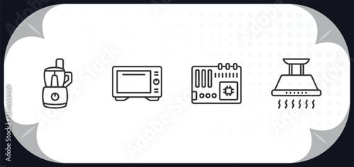 outline icons set - electronic devices concept. food processor, convection oven, motherboard, exhaust hood.