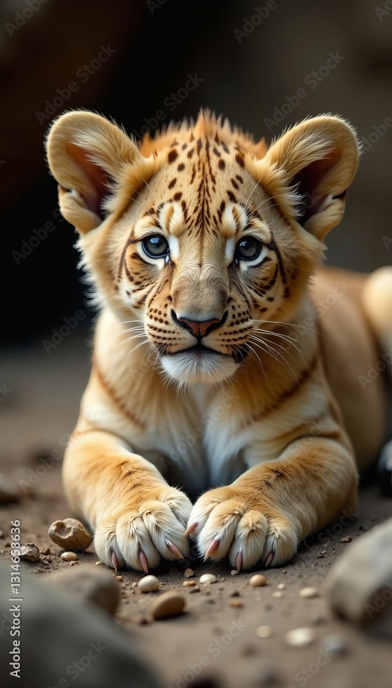 Obraz premium Sweet lion cub with wrapped wounds resting on rocks, lion, wounds, rocks