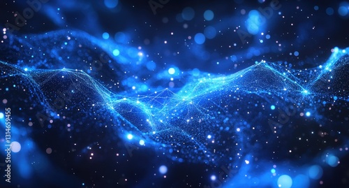 An Abstract Representation of Vibrant Blue Connectivity with Swirling Particle Effects and Waves of Light in a Digital Universe Background