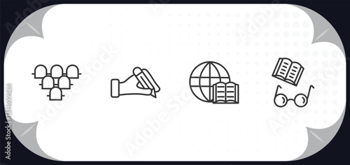 outline icons set - education concept. grandstand, write by hand, international studies, book and glasses.