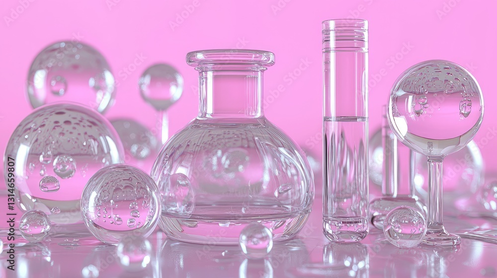 Glass vials, spheres, pink background; lab, science, beauty Glass vials, spheres, pink background; lab, science, beauty