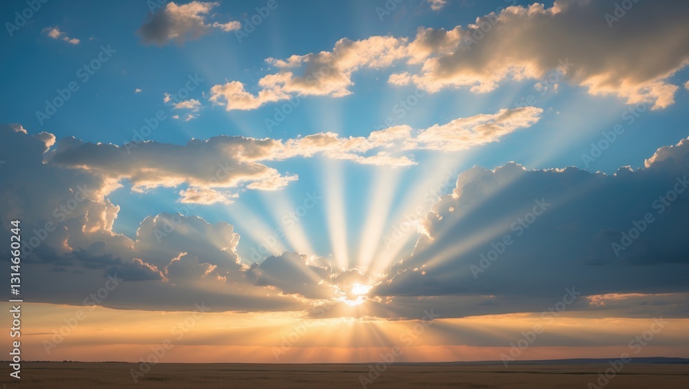 Fototapeta premium Stunning sunrise above the prairies. Rays of light filter through the clouds, Grasslands National Park.