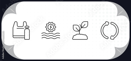 outline icons set - ecology concept. plastic, hydraulic energy, eco plant, reuse.