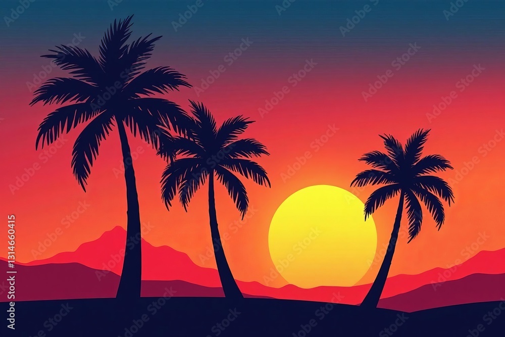 Three vector palm tree silhouettes in varied heights against a sunset backdrop, palm tree, sunset, nature Three vector palm tree silhouettes in varied heights against a sunset backdrop, palm tree, sunset, nature