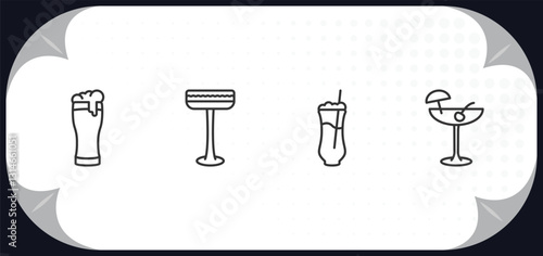 outline icons set - drinks concept. pint of beer, irish sour, ramos gin fizz, pink rose.