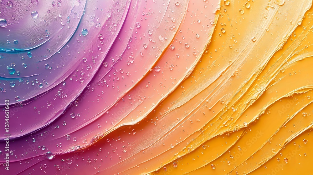 Obraz premium Colorful abstract macro background with water drops and curved lines in purple, pink and orange gradient, wet surface with ripples and waves creating dynamic pattern.