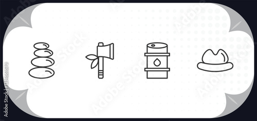 outline icons set - desert concept. stones, tomahawk, petroleum, desert hat.